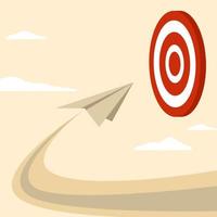 origami paper airplane flying through a dart board or bullseye archer target. Business goals or targets, challenge or improvement to achieve success, winning business competition or motivational. vector