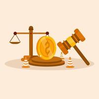 law or law to compensate payment concept, hammer of justice with dollar bill symbol and crash pole. Workers' compensation, wage reimbursement insurance, employee injury benefits. vector