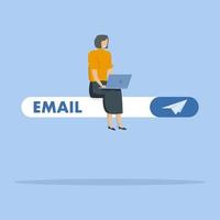 businesswoman sitting and using laptop for email subscription form on website. Subscribe to emails to send newsletters for product promotions and updates, online communication and marketing concepts. vector