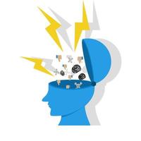 stress anxiety concept, human open head with negative symbol, thumbs down, anger and chaos. Negative thoughts bad attitudes lead to failure or fear, depression and sadness, emotional or mental problem vector