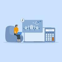 financial report illustration. The characters analyze charts, balance sheets, income statements and other business data. Financial management concept. Vector illustration.