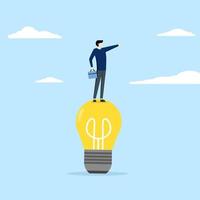 Smart businessman standing above idea light bulb and looking forward. Creative thinking, using imagination and creativity to find solutions or solve business problems, contemplation or bright ideas. vector