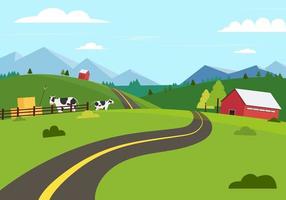 campo con carretera, granja, vaca y paisaje natural.escena rural verano.granja y natural con camino vector