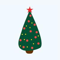 árboles de Navidad en un estilo de dibujos animados, lindo y plano. si está decorado con globos, guirnaldas, corazones y estrellas. vector