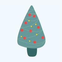 árboles de Navidad en un estilo de dibujos animados, lindo y plano. si está decorado con globos, guirnaldas, corazones y estrellas. vector