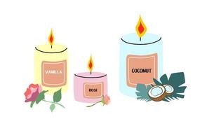 Scented candles with Vanilla, Rose and Coconut flavors. Illustration for the mood of comfort and relaxation. Matches lie next to three lit candles. Flat, vector. vector