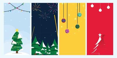 Christmas and new year portrait vertical banner collection. Christmas tree with snow, firework scene, ornament Christmas scene, and paper style vector EPS10