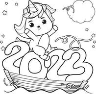 Happy newyear coloring book with cute unicorn vector