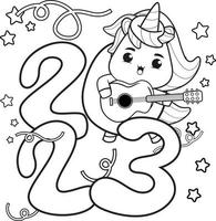 Happy newyear coloring book with cute unicorn vector