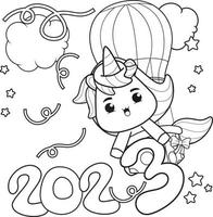 libro para colorear feliz año nuevo con lindo unicornio vector