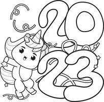 feliz año nuevo libro para colorear con lindo unicornio vector