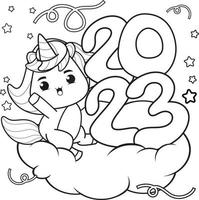 Happy newyear coloring book with cute unicorn vector