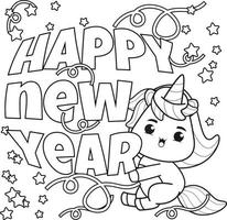 feliz año nuevo libro para colorear con lindo unicornio vector