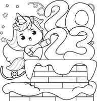 Happy newyear coloring book with cute unicorn vector