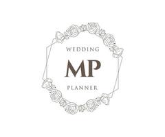 colección de logotipos de monogramas de boda con letras iniciales de mp, plantillas florales y minimalistas modernas dibujadas a mano para tarjetas de invitación, guardar la fecha, identidad elegante para restaurante, boutique, café en vector