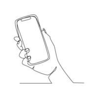 Vector illustration of a hand holding a phone drawn in line art style