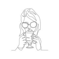 Vector illustration of a girl drinking a cocktail drawn in line art style