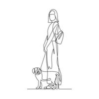 Vector illustration of a girl with a dog drawn in the style of line art