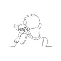 Vector illustration of a boy hugging a dog drawn in line art style