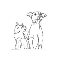 Vector illustration of a dog and a cat  drawn in line art style