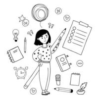 Vector educational doodles. Cute girl with large pencil, tangled thoughts bubble, to-do list, stationery, notebook, pen and book. Isolated linear hand drawings for design of educational topics.