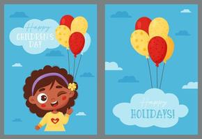 Cute black ethnic winking girl with balloons. Set holiday cards Happy Childrens Day. Vector illustration in cartoon style. Vertical template for greeting cards, design, banners