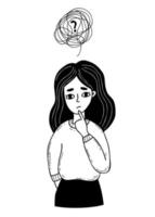 Portrait of thinking person. Thoughtful girl, confused thoughts and problems. Vector illustration. linear hand drawn doodle. Psychological problem solving concept and sad woman.