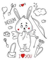 Set with Cute rabbit cupid with wings, love letters and balloon, cloud and bow with arrows. Vector illustration in hand drawn linear doodle style. Funny animal for design and decoration, postcard