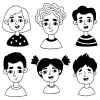 Doodle portraits of cute kids. Collection of smiling cartoon girls and boys. Vector isolated hand drawings for design and decor, kids collection.