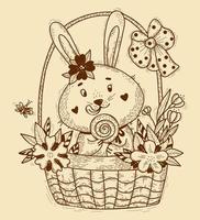 Easter bunny character. Cute rabbit with big lollipop in Easter basket with flowers and bow. Vector illustration. Easter Postcard in linear hand drawing style. Funny animal for design and decoration