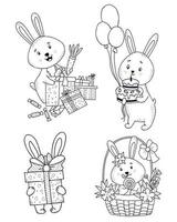 cute rabbit character set. Easter bunny to basket of flowers, rabbit with gifts and carrots, with cake and balloons. Vector illustration. Isolated outline elements in style of hand linear doodles