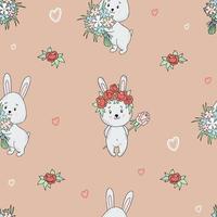 Seamless pattern with cute rabbits. Funny enamored rabbits in floral wreath and with bouquet of flowers on light beige background with hearts. Vector illustration. For packaging, wallpaper, printing