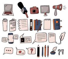 Collection journalism items. Microphone, megaphone, laptop, notepads and sheets of paper, newspaper, letters and online messages, pencils and inkwell. Isolated vector color drawings doodles.