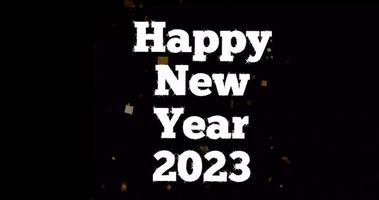 Happy new year animation with glitter rain effect and text disappearing and appearing splashed with glitter. Happy new year celebration symbol video