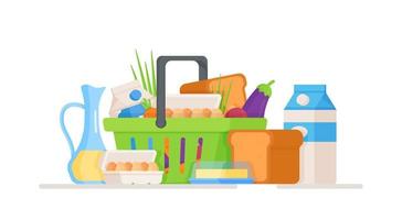 Shopping in the supermarket. Vector illustration of a food basket. Basket with vegetables and greens isolated on white background.