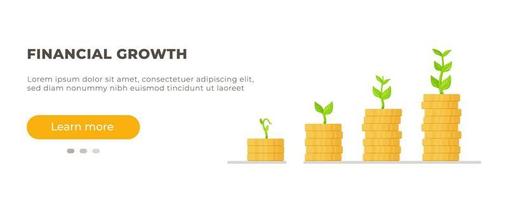 Four stacks of coins with upward growth. Vector illustration of a website about financial literacy. Banner template.