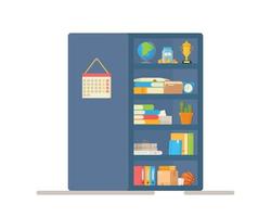 Vector illustration of home library. Blue schoolboy bookcase with learning objects.