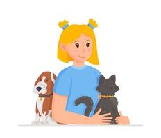 Vector illustration of a girl with a cat and a dog. Concept symbolizing caring for pets.