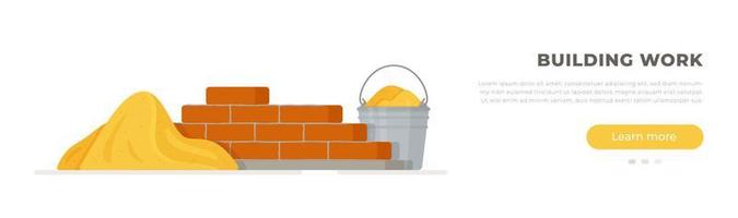 Vector illustration of a banner for a construction services site. Brickwork and construction sand drawn in flat style.