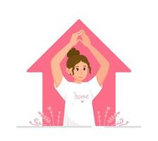 Vector illustration of a girl in a yoga pose denoting a sweet home. Character with raised hands.