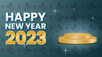 banner design with gold podium, giftbox pattern and dark background for happy new year 2023. suitable for promotion, greeting and advert vector