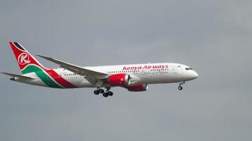 AMSTERDAM, THE NETHERLANDS JULY 27, 2017 - Kenya Airways Boeing 787 Dreamliner 5Y KZB approaching before landing at runway 18C Zwanenburgbaan. Shiphol Airport, Amsterdam, Holland video