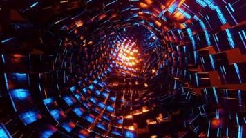 volando a través de un túnel de cubos de metal azul y naranja. Animación en bucle infinito.