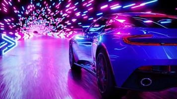 The sports car rushes along the night road. Rear view. Infinitely looped animation. video