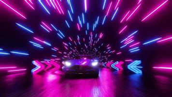 une voiture de sport avec ses phares allumés dévale une route de nuit. animation en boucle infinie. video