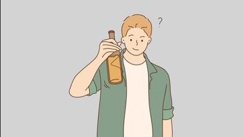 alkoholsucht, feier, glückwunschkonzept. 3D-Grafik-Videoporträt eines jungen, lächelnden Mann-Jungen-Alkoholikers, der eine Flasche Bier hält und Toast hebt. Entspannung auf Party-Motion-Design-Aufnahmen video