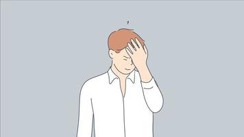 Emotion expression, facepalm, headache concept. 3d graphic video portrait of unhappy man guy character standing with hand on head remembering mistake error. Stupidity bad memory motion design footage