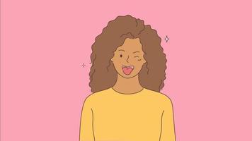 émotion, plaisir, concept d'expression du visage. Portrait vidéo graphique 3d d'une jeune adolescente afro-américaine heureuse et hilarante taquinant un clin d'œil montrant la langue. images de conception de mouvement d'expression faciale positive