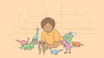 Speel, speelgoed, kinderjaren onderwijs concept. 3d grafisch video portret van gelukkig glimlachen Afrikaanse Amerikaans kind kind jongen spelen met speelgoed- dinosaurussen. evolutie fossielen of reptielen spel beweging ontwerp filmmateriaal.