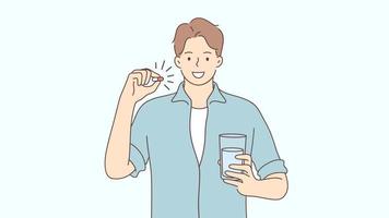 salud, medicina, concepto de publicidad de píldoras. El retrato de video gráfico en 3d del personaje de dibujos animados de un hombre sonriente feliz sostiene un vaso de agua con pastillas de farmacia. imágenes de diseño de movimiento de promoción médica saludable.